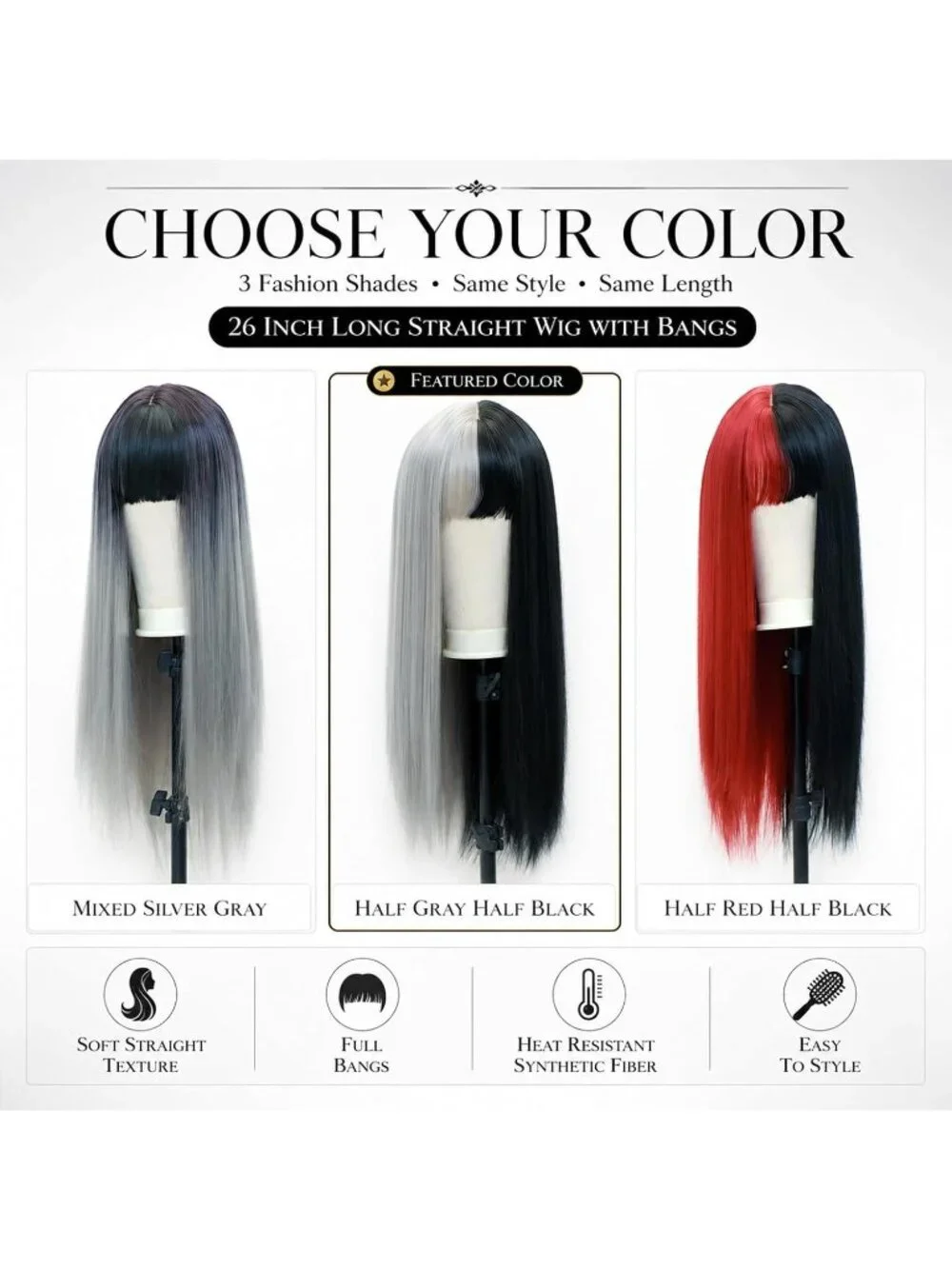 Women's Grey Black 26 Inch Heat Resistant Synthetic Long Straight Wigs Bangs